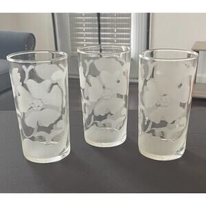 Set of 3 Vintage Frosted and Etched Flower 8oz Tumbler / Drinking Glasses